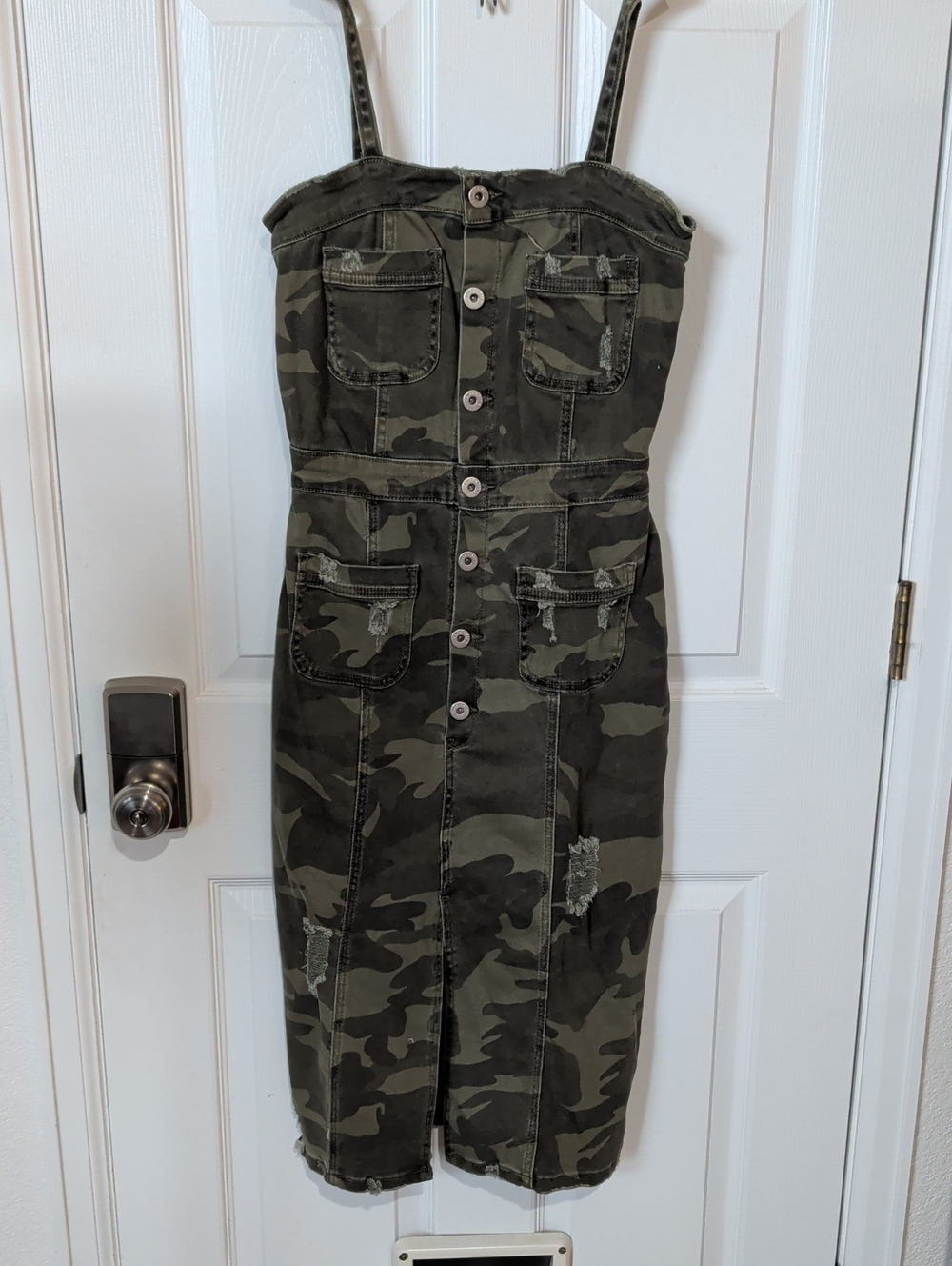 Camo Button-Front Midi Dress with Utility Pockets - Olive Green